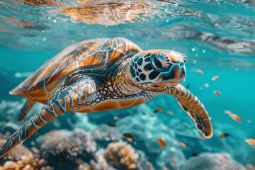 Wall Mural - Green Sea Turtle Swimming Near Coral Reef in Tropical Ocean