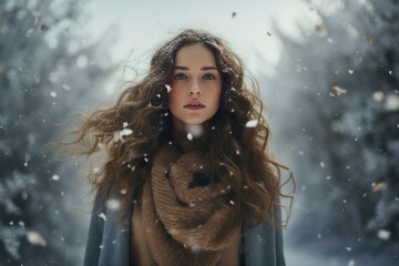 Poster - Portrait of a young woman with flowing hair in a winter landscape, snowflakes falling around her