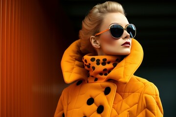 Fashionable young woman with elegant sunglasses wearing a vibrant yellow coat