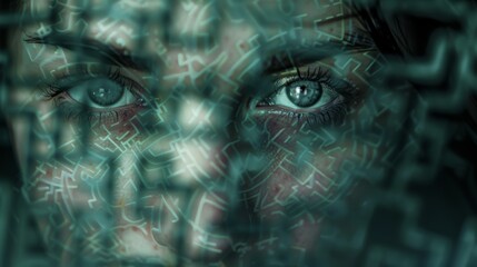 Canvas Print - A woman's face is seen through a mesh screen with numbers, AI