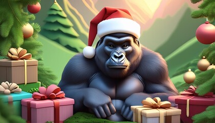 Wall Mural - A christmas gorilla with a hat and presents