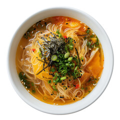 Isolated Japanese glass noodle soup in a white bowl with Transparent background. Japanese food for menu, restaurants.	