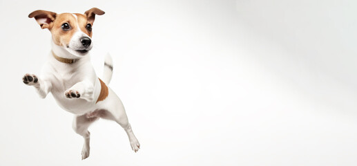 A cheerful Jack Russell dog jumps with his tongue out for food. White background isolate and close-up. AI generated.