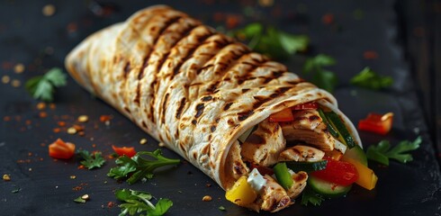 Wall Mural - Grilled Chicken and Veggie Wrap on Black Slate Plate