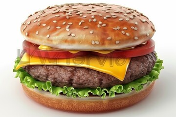 Wall Mural - Juicy cheeseburger with crisp lettuce, tomato, and cheese in a sesame seed bun, perfect for high resolution food photography and gourmet meal presentations