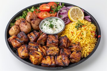 Wall Mural - Platter of grilled kebabs with vegetables and dipping sauce, perfect for high resolution food photography and showcasing Mediterranean cuisine