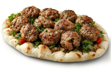 Wall Mural - Savory meatballs with fresh herbs on a soft pita, perfect for high resolution food photography and Mediterranean cuisine presentations