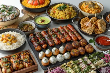Wall Mural - Assorted gourmet dishes on a buffet table, perfect for high resolution food photography and showcasing a variety of delicious meal options