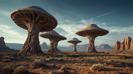 Wall Mural - Fantastic Sci-fi landscape of a spaceship on a sunny day, flying over a desert with amazing arch-shaped rock formations - Illustration 3d