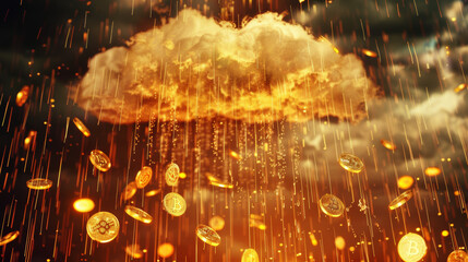 A cloud of gold coins is falling from the sky