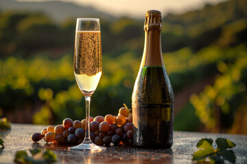 A bottle of champagne or cava and a flute on the table, with a background of vineyards in the summer in Empordà, Catalunya, Spain