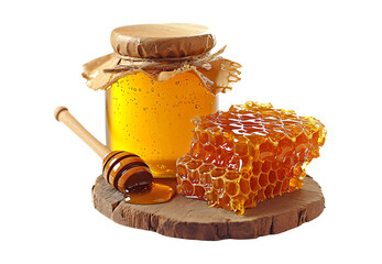 Honey jar brimming with golden liquid beside a chunk of honeycomb on a rustic wooden slice, a honey dipper resting on top with its sweet payload.