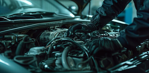 Mechanic examines the engine and under the hood of an unidentifiable car wearing black gloves. Inside a garage, taken indoors. Professional photo.