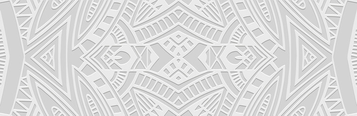 Wall Mural - Banner, cover art design. Relief geometric ethnic 3D pattern on a white background. Ornaments, arabesques, handmade. Boho motifs, traditions of the East, Asia, India, Mexico, Aztec, Peru.
