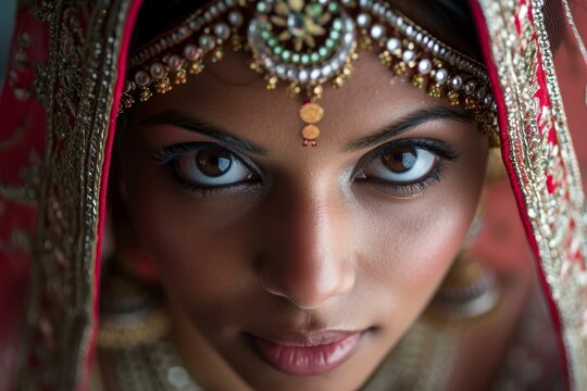 Close-up of a beautiful indian bride's eyes under a traditional red bridal veil