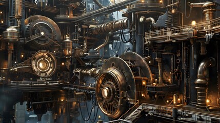 Wall Mural - a mesmerizing steampunk scene, blending intricate gears, pipes, and clocks into a futuristic landscape, evoking a sense of industrial elegance 