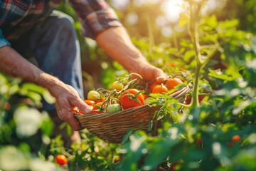 Wall Mural - A gardener harvesting ripe tomatoes in a lush garden. Close-up of hands holding a basket overflowing with vibrant red tomatoes, capturing the essence of a fresh and bountiful harvest.