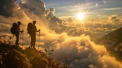 Wall Mural - Men with trekking poles standing at the summit, overlooking a cloud-filled valley, the sun breaking through the clouds