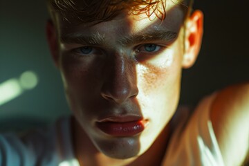 Wall Mural - Close-up of a young man's face with sunlight casting dramatic shadows, highlighting his features