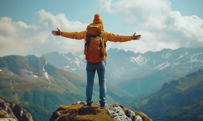 Wall Mural - Hiker with arms outstretched standing on top of a mountain peak, Hiker celebrating success on the top of a mountain, Full rear view