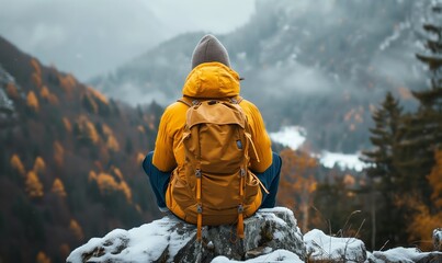 Wall Mural - A mountain climber in yellow clothes sit and looks from the top of the mountain, suitable for your climbing design, back view