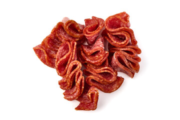 Canvas Print - Spanish pork chorizo sausage slices, close-up, isolated on white background.