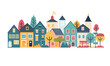 © Vectorvstocker - Colorful town houses trees, cartoon urban landscape, flat design. Quaint neighborhood scene, stylized residential district, variety homes architecture. Isolated white background