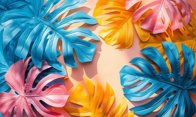 Wall Mural - Tropical bright colorful background with exotic painted tropical palm leaves. Minimal fashion summer concept. Flat lay.