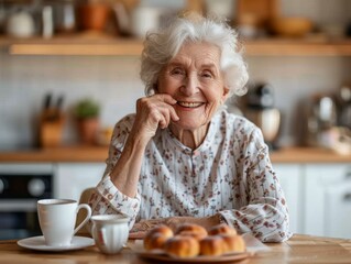 Poster - An elderly woman smiling while sitting at a table with pastries. AI.