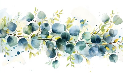 Wall Mural - Watercolor painting of eucalyptus leaves on a white background. Suitable for botanical illustrations or nature-themed designs