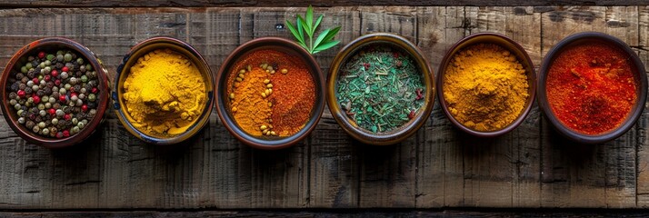 Top-down view of colorful spices in ceramic bowls arranged on a rustic wooden surface. Generative AI