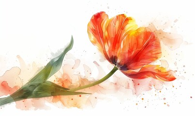 Wall Mural - Single vibrant orange tulip illustration on a white background, ideal for greeting cards and spring-themed designs, with ample copy space