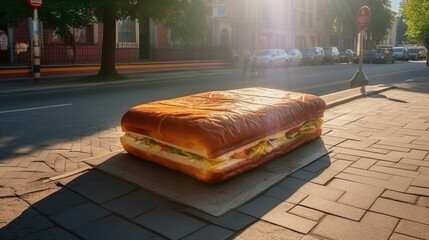 Wall Mural - Giant fresh sandwich with ham, cheese, tomatoes on street of city in rays of sun. AI generated.