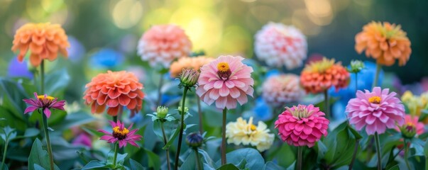 Blooming garden with zinnias and dahlias