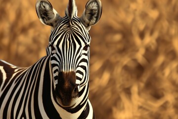 Wall Mural - Close-up of a zebra's head with striking patterns against a warm, blurred savannah backdrop