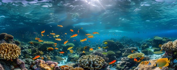 Wall Mural - Coral reef teeming with colorful fish in clear water