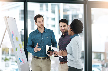 Aufkleber - Office, meeting and whiteboard for discussion, planning and erp notes with tablet for report. Man, woman and team for small business, teamwork and collaboration for partnership or b2b project