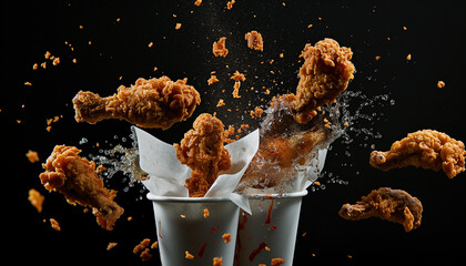 Freeze Motion Shot of Flying Fresh Fried Chicken Wings or Strips, Close-up Fried chicken wings on wooden table. Breaded Crispy fried kentucky chicken tasty dinner