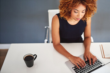 Poster - Business, thinking and black woman with laptop, coffee and consultant with online reading, internet and connection. African person, worker or agent with copywriting, computer and network for research