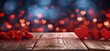 © Kavita Das - Valentines day love concept background banner greeting card illustration template texture  - Empty wooden table with red fallen red hearts, glitter and bokeh lights, Generative AI