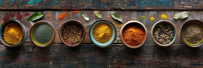Aufkleber - A top-down view of colorful spices in ceramic bowls on a rustic wooden surface. Generative AI