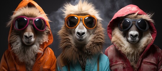 Group of dogs in sunglasses and raincoat with hood on black background