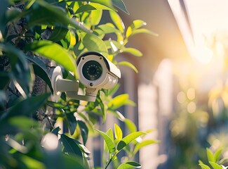 Poster - CCTV camera mounted on house wall with green leaves. Surveillance system technology concept. Electronic device for security and control. Banner with copy space