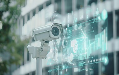 CCTV camera with futuristic digital interface against city building background. Surveillance and security system concept. Artificial intelligence and facial recognition technology