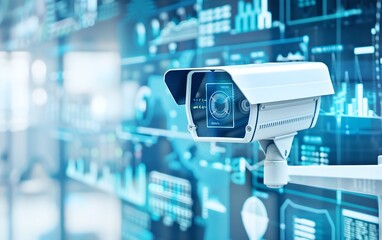 Poster - CCTV camera with futuristic digital interface against modern office background. Surveillance and security system concept. Artificial intelligence and recognition technology. Banner with copy space