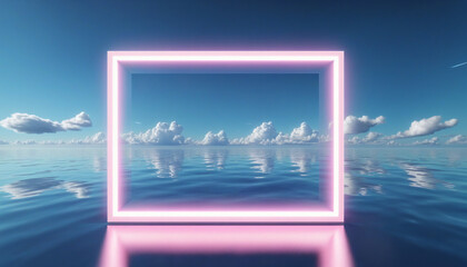 Wall Mural - Abstract three-dimensional seascape with neon geometric elements floating in the sky, creating a surreal and futuristic atmosphere with a reflection in calm water