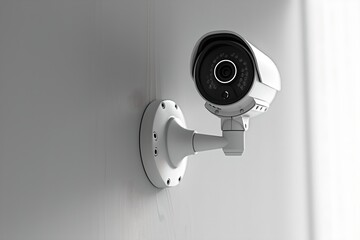 Poster - Modern CCTV camera on gray background. Surveillance and security system concept. Artificial intelligence and facial recognition technology. Minimalistic composition