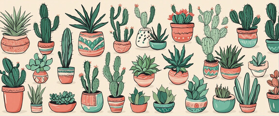 Wall Mural - Vintage hand-drawn cactus collection for botanical illustration background