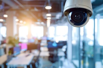 Poster - CCTV camera in a modern office background. Advanced surveillance system technology concept. Electronic device for security and control. Banner with copy space