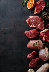 Wall Mural - Various Cuts of Raw Meat with Herbs and Spices on Dark Background. This food image can be used for culinary publications, recipes, food blogs, and restaurant advertisements
